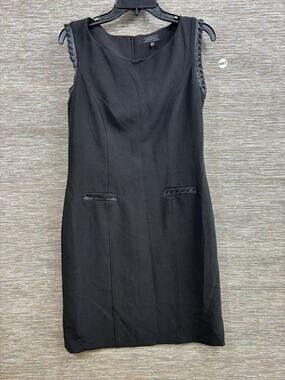 Manigance Dress Womens 42 Black Sleeveless Sheath Faux Leather Trim Knee Length